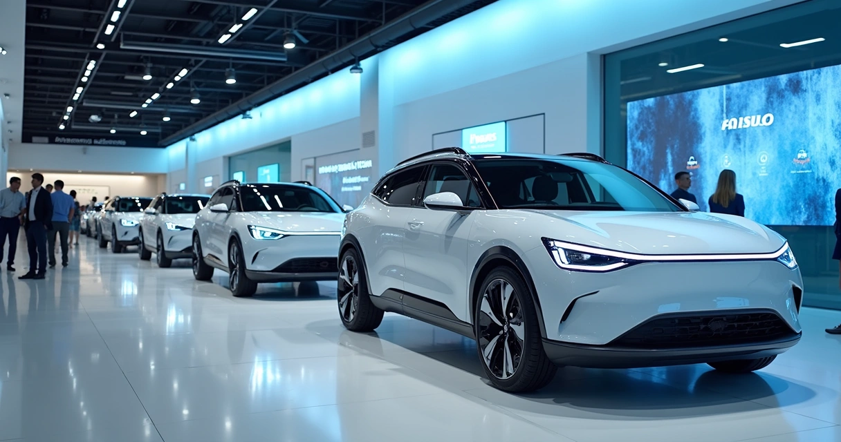 Linha de carros elétricos GAC expostos em concessionária