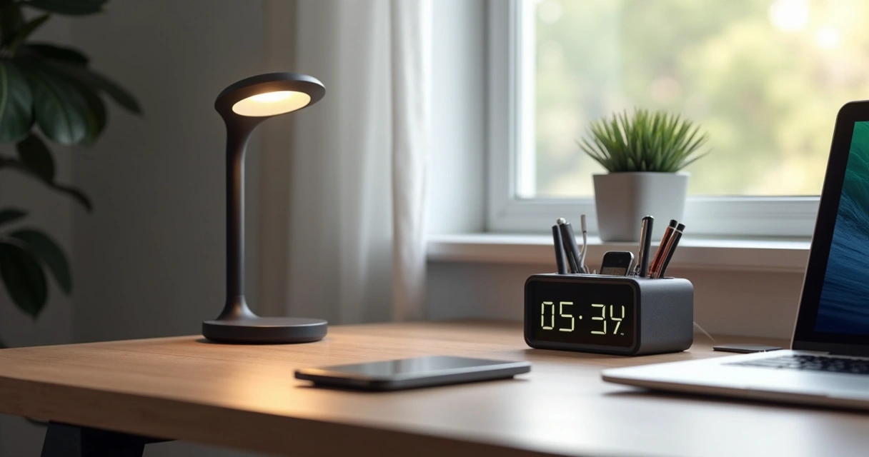 Mesa moderna com gadgets, luminária, despertador inteligente e organizador 