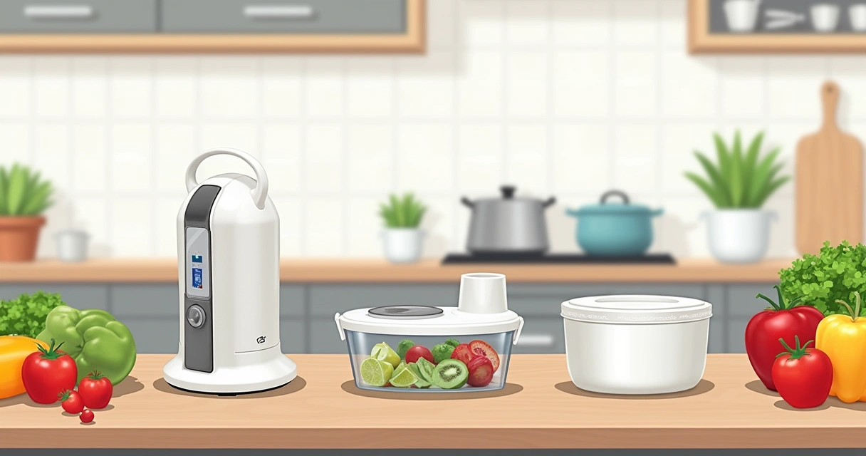 Gadgets para cozinha em bancada clara: mixer, cortador e marmita 
