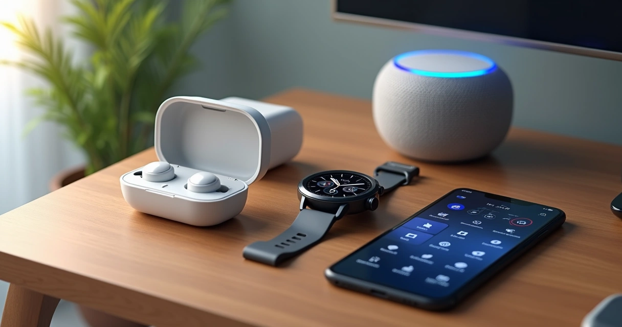 Vários gadgets inteligentes em uma mesa de design moderno, incluindo smartwatch, fone sem fio, e assistente virtual 