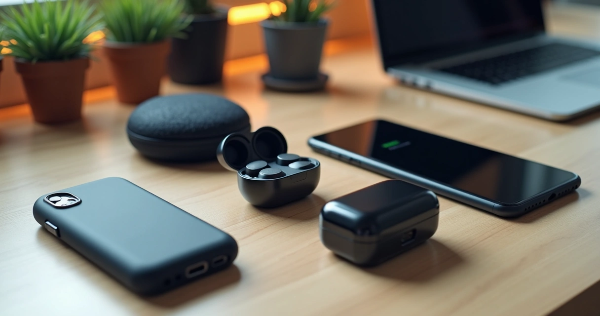 Gadgets modernos organizados sobre uma mesa de madeira 