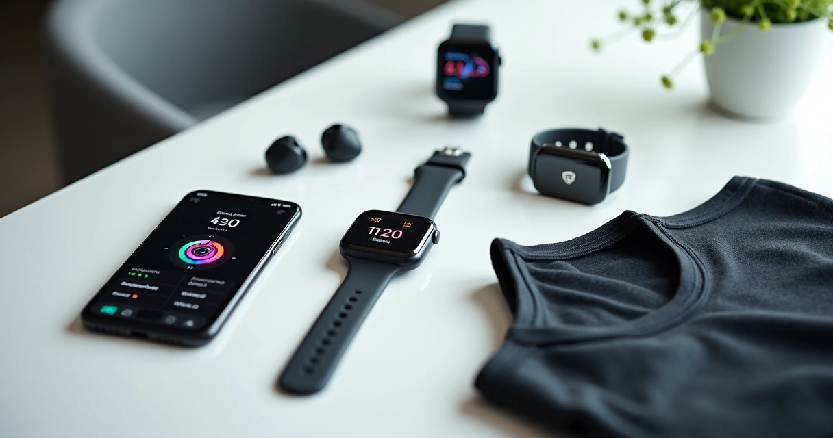 Vários gadgets de treino juntos em uma mesa branca