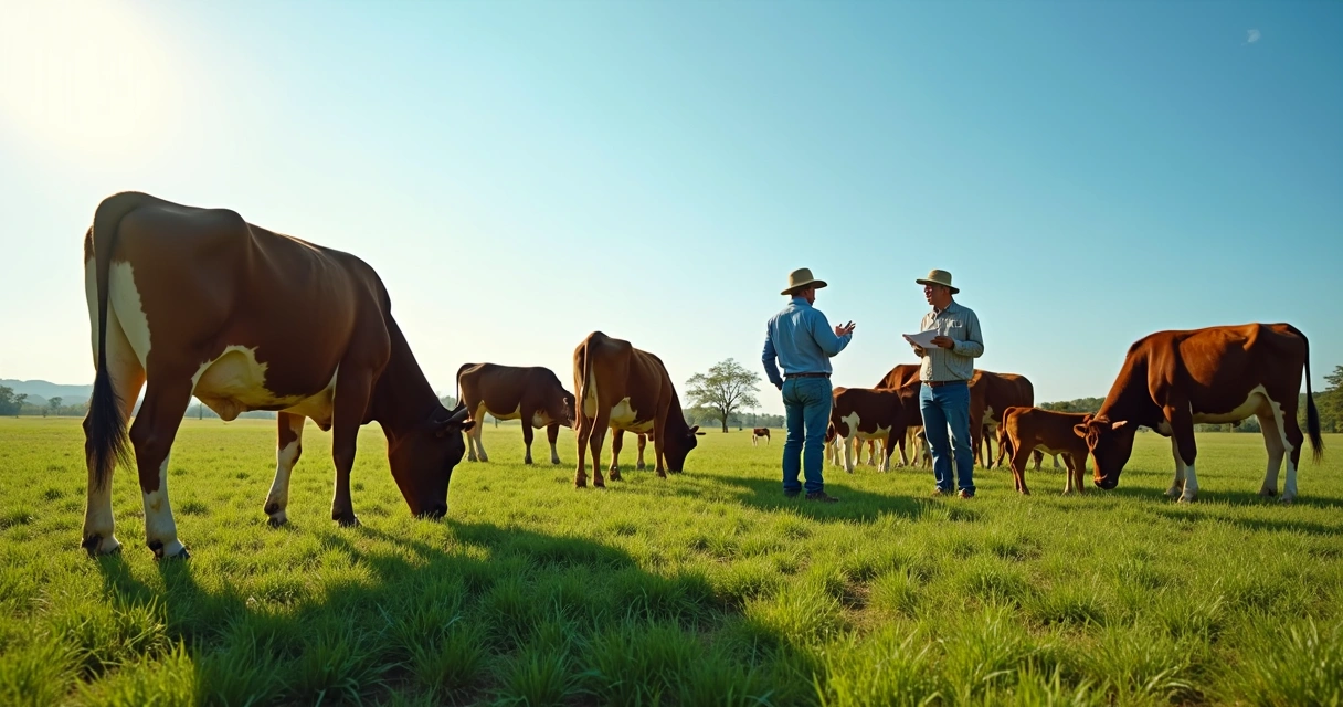 Gado bovino pastando em campo verde com céu azul 