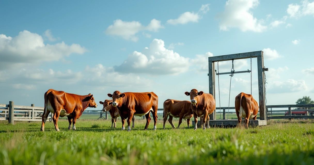 Bezerros no pasto, balança ao fundo, cenário de fazenda 