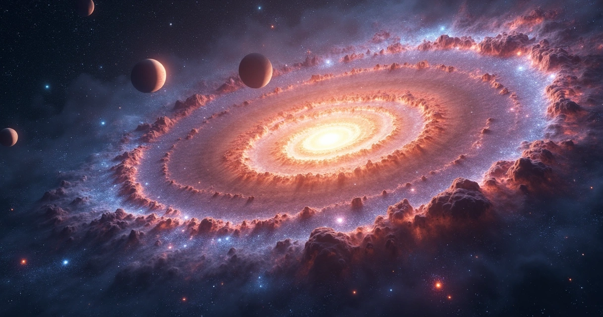 Galáxia colorida e brilhante, com vários planetas e luas ao redor, vista de dentro da galáxia. 