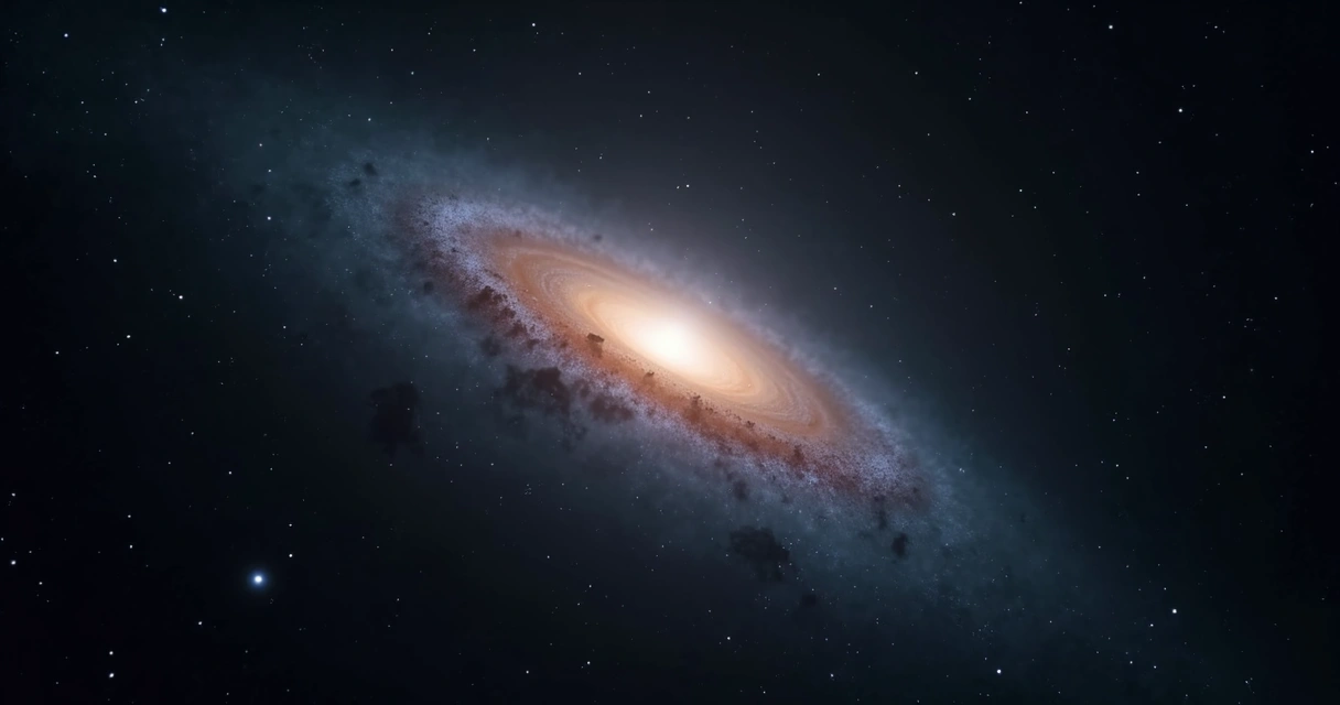 Galáxia distante, com visual tênue e estrelas ao redor.