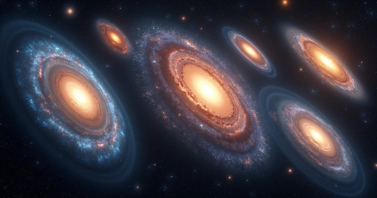 Várias galáxias espirais em cores diferentes vistas de diferentes ângulos. 