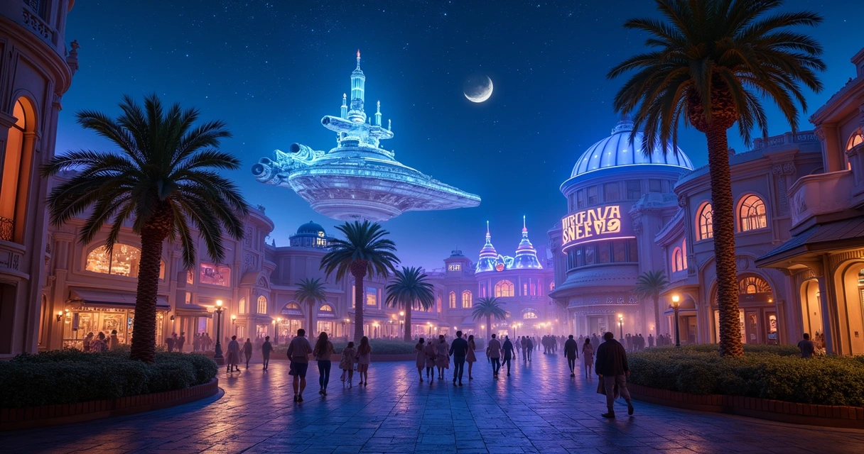 Área de Star Wars Galaxy’s Edge à noite iluminada 
