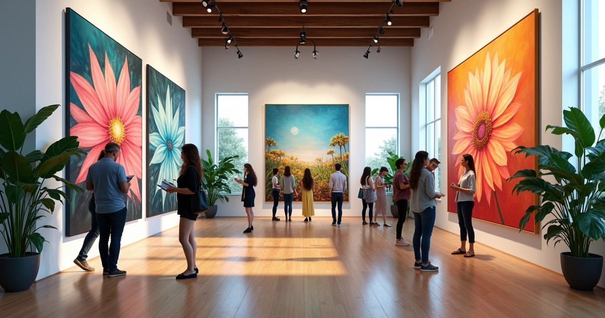 Exposição de arte em galeria moderna, público observando obras coloridas 