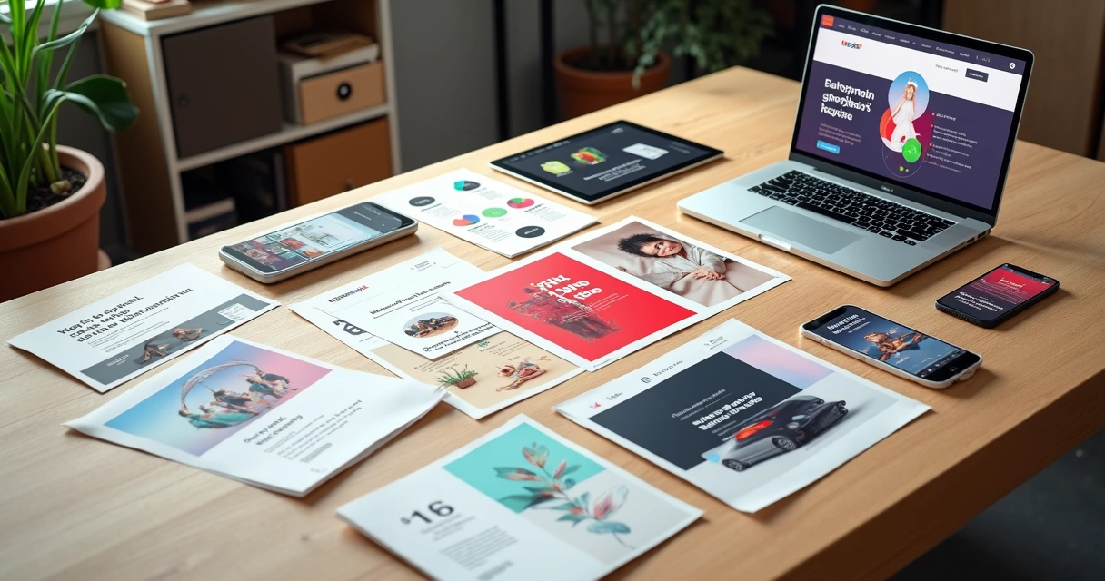 Mesa com mockups variados de landing pages em telas impressas e digitais 