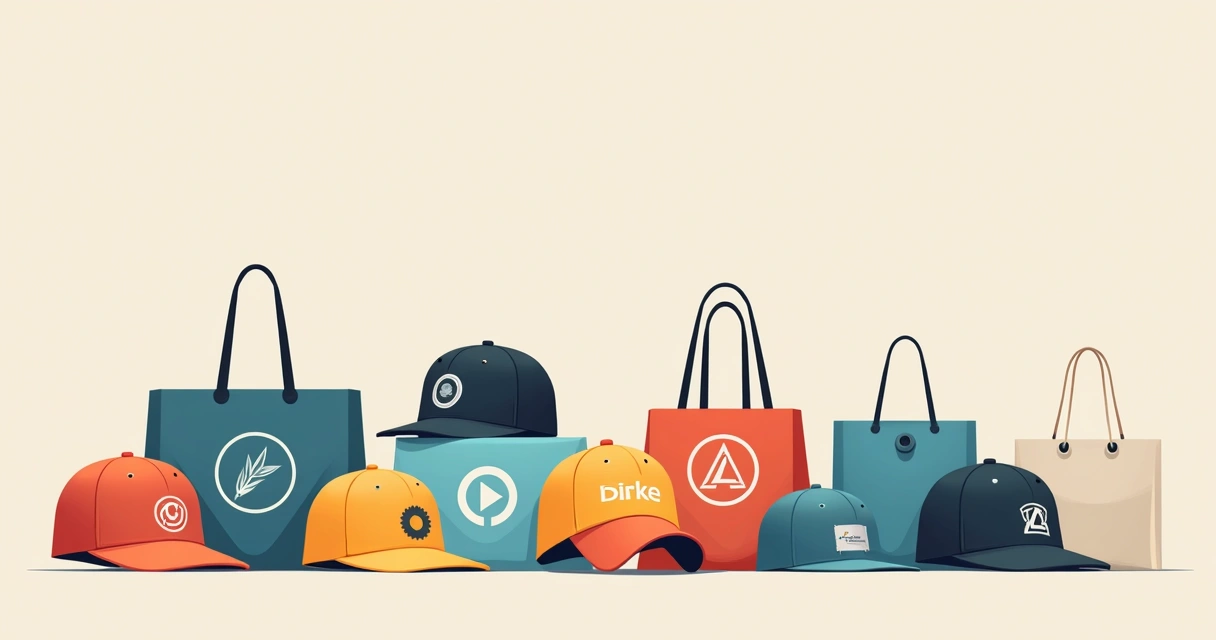 Vários bonés e ecobags personalizados lado a lado 