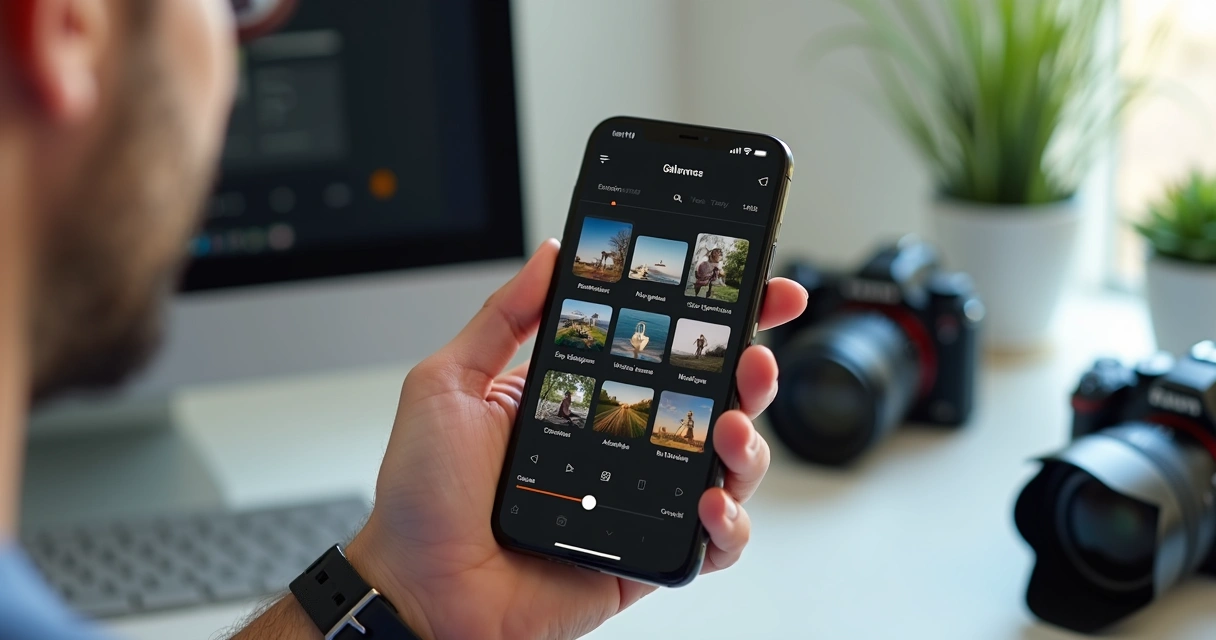 Tela de galeria de fotos visualizada em um smartphone por fotógrafo 