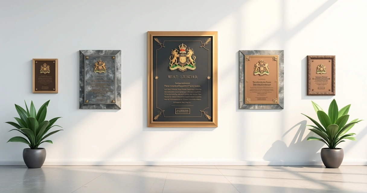 Várias placas de inauguração expostas em espaço institucional 