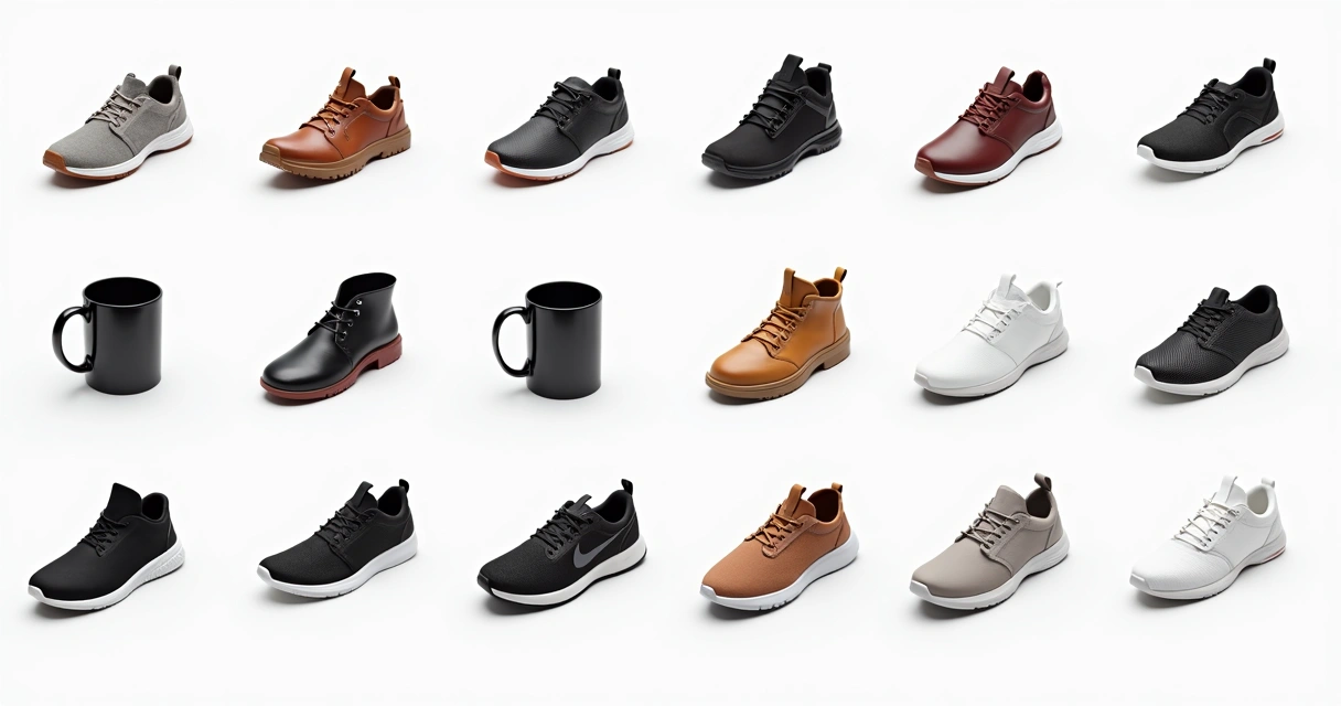 Galeria de produtos com padrões visuais iguais, fundo branco, ângulo similar, vários itens alinhados. 