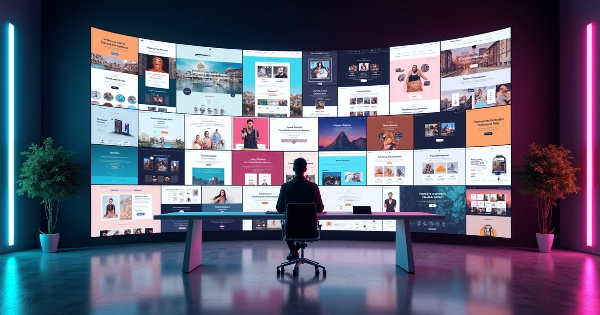Painel grande exibindo vários templates coloridos de sites lado a lado 