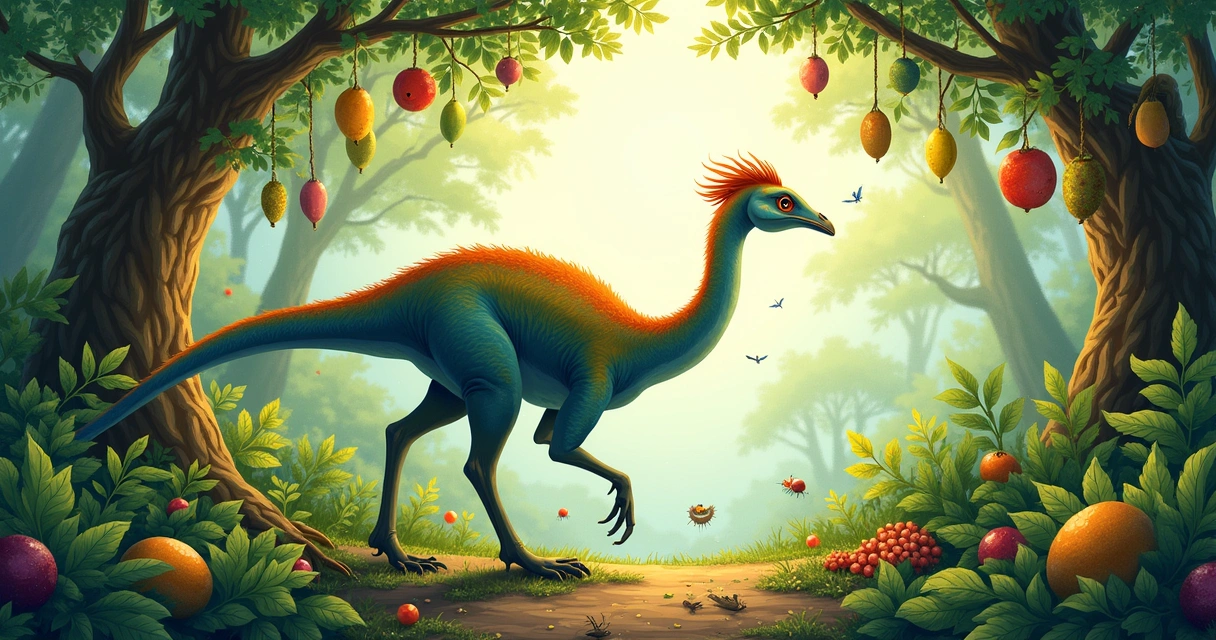 Ilustração de um Galimimo forrageando em uma floresta pré-histórica, cercado de frutas e plantas com ovos ao fundo.