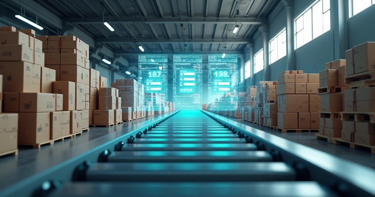 Esteira em galpão industrial com produtos indo para portais digitais de e-commerce 