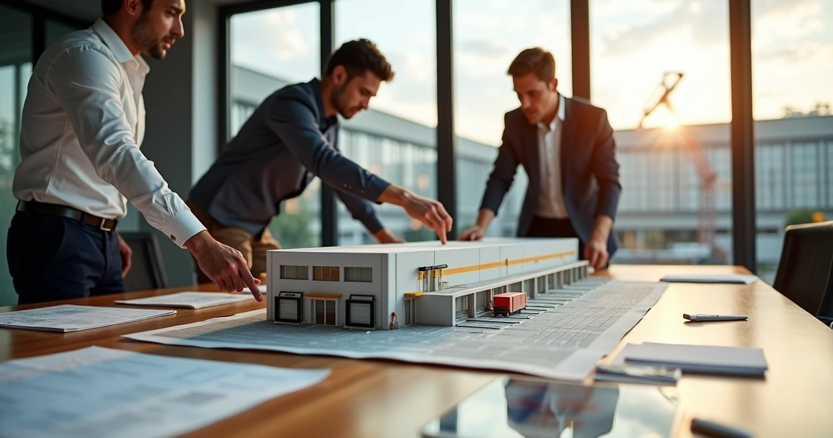 Arquitetos analisando maquete de galpão industrial moderno em sala de reunião 
