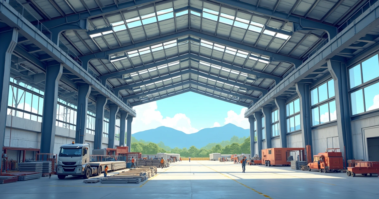 Galpão industrial moderno com estrutura metálica e teto translúcido. 