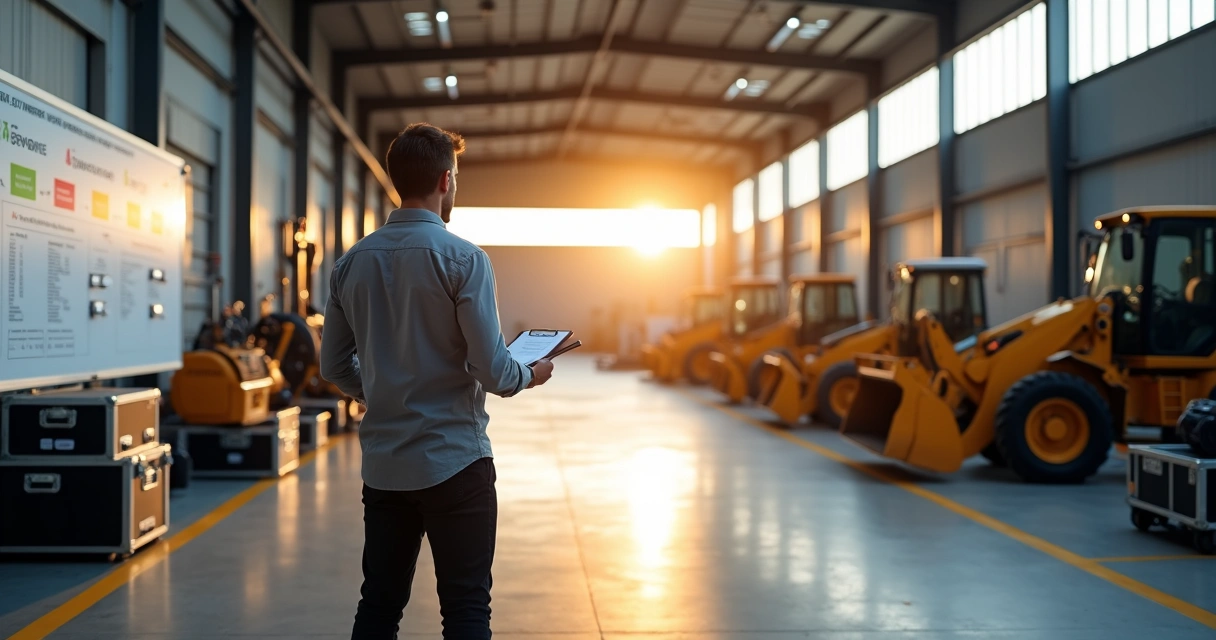 Gestor analisando quadro de controle em galpão com equipamentos para aluguel 