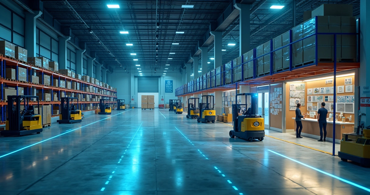 Galpão logístico moderno com itens digitais conectando operações e contratos 