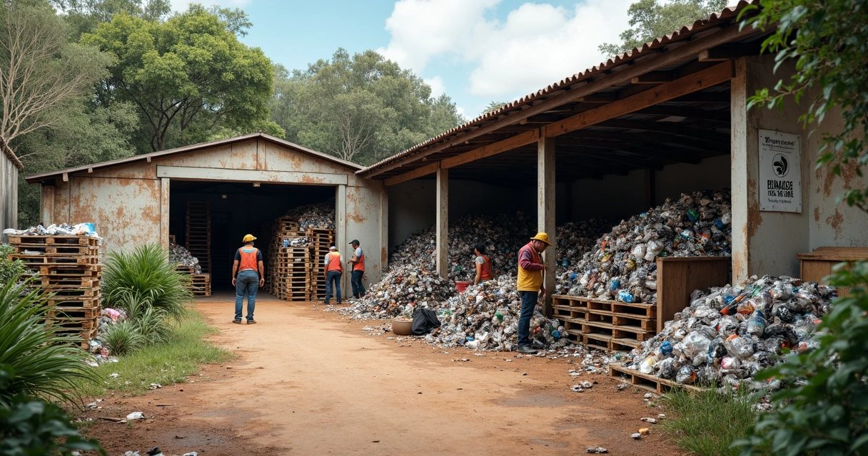 Galpão simples de coleta seletiva em Canoas, com reciclagem em andamento 