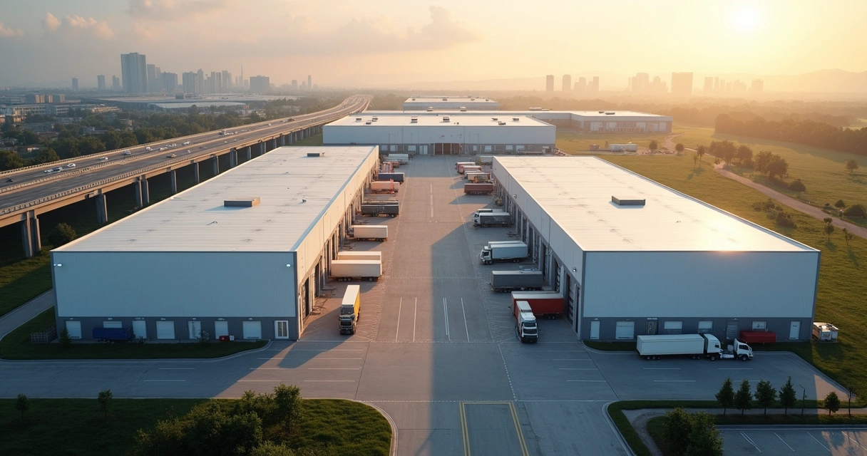 Galpões logísticos modernos alinhados em zona industrial, fundo urbano, céu azul ao entardecer 