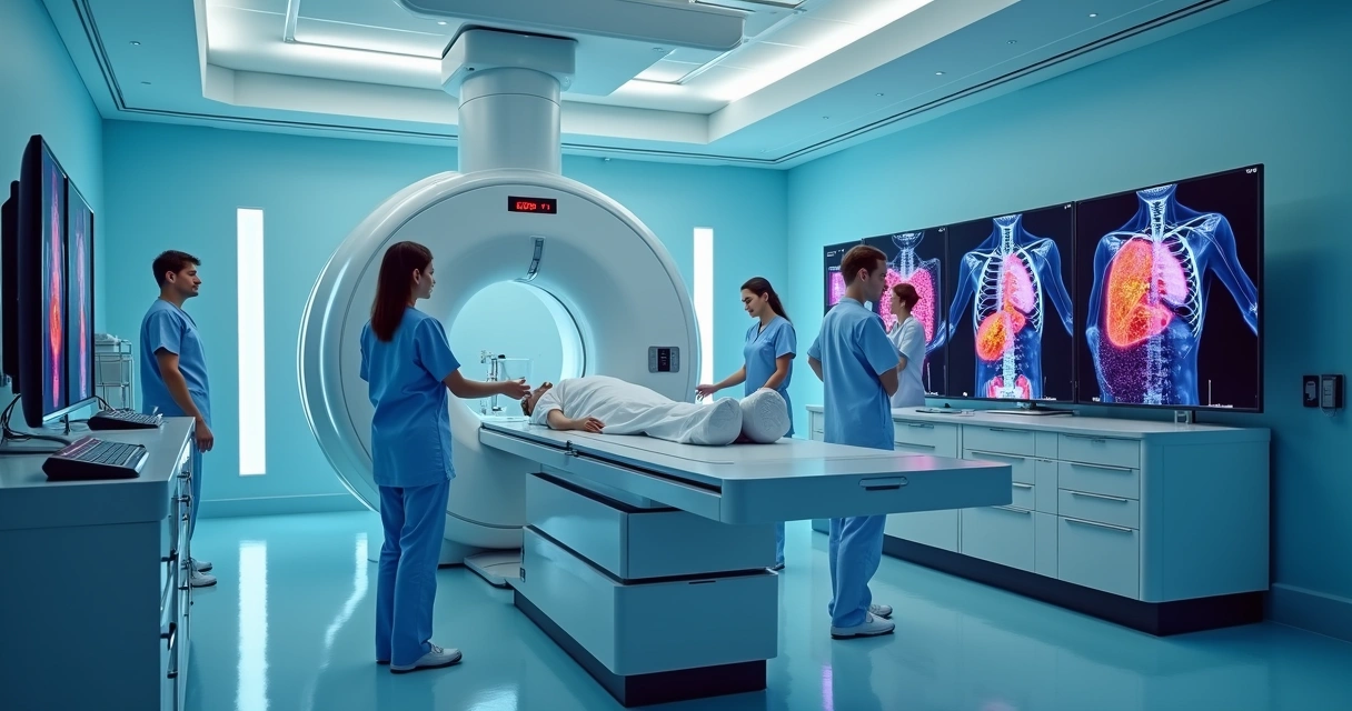 Aparato de gama-câmara CZT com paciente em sala de medicina nuclear