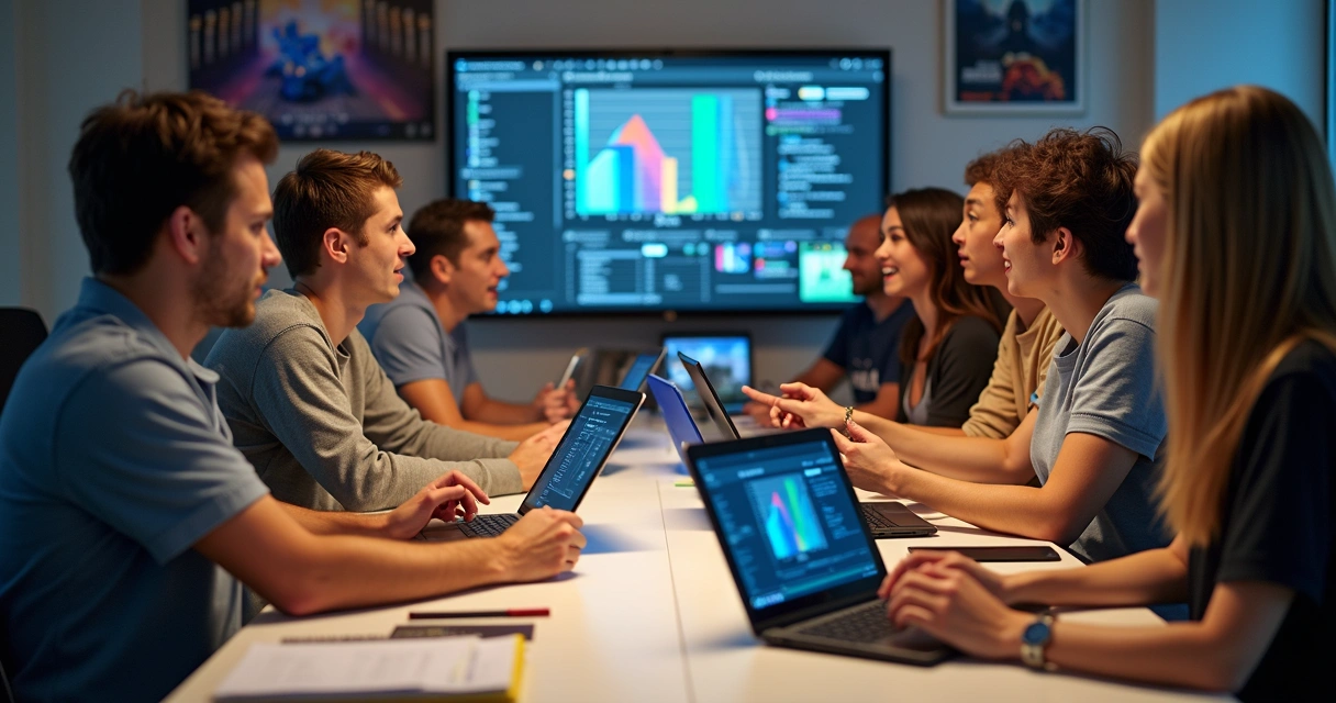 Group of gamers collaborating on mods around a table with devices 
