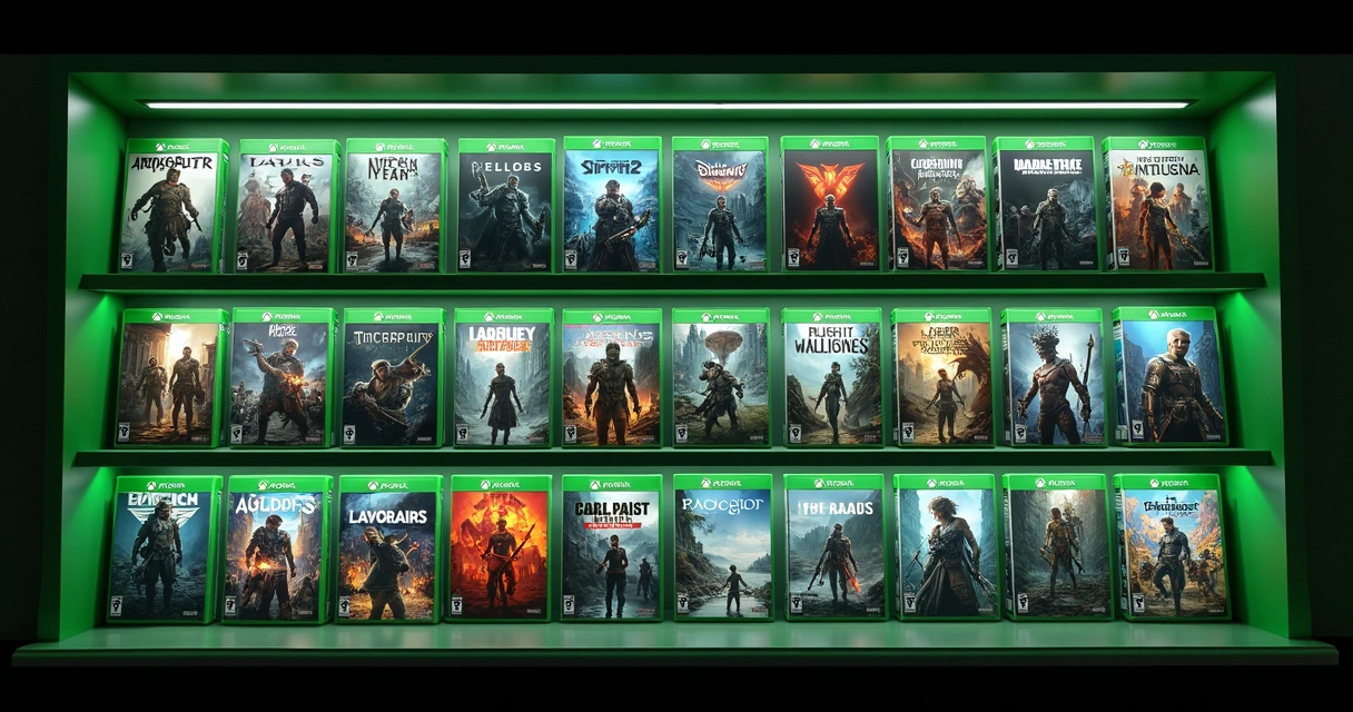 Prateleira digital cheia de capas coloridas dos jogos Xbox, listas separadas por gênero e console, fundo escuro com efeitos de luzes de LED 