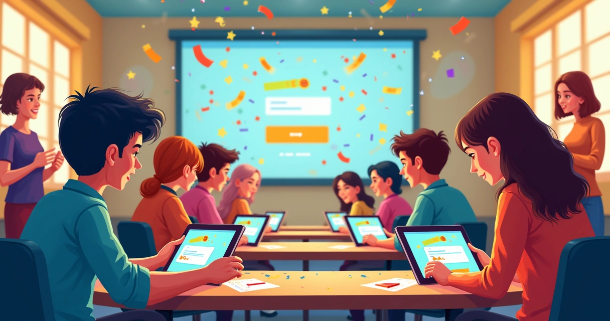 Jovens jogando quiz educacional em tablets 