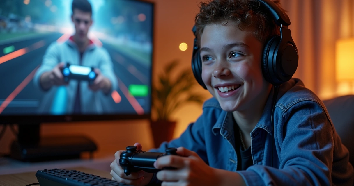 Jovem feliz jogando online com conexão estável