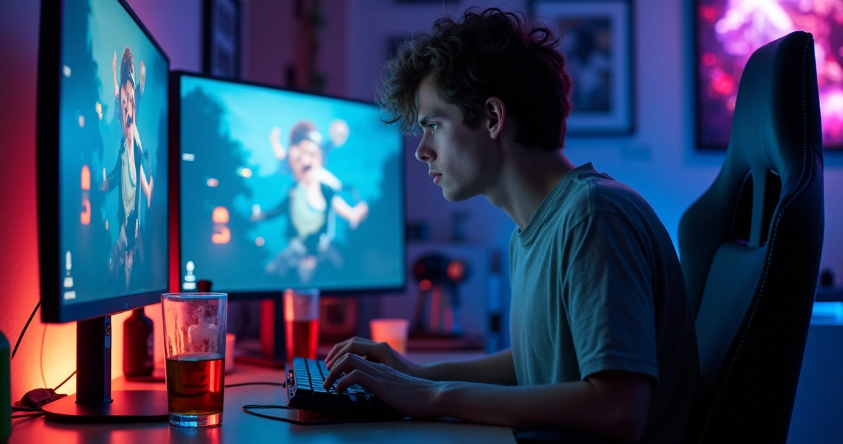 Gamer with energy drink and alcohol bottles on desk during nighttime gaming 