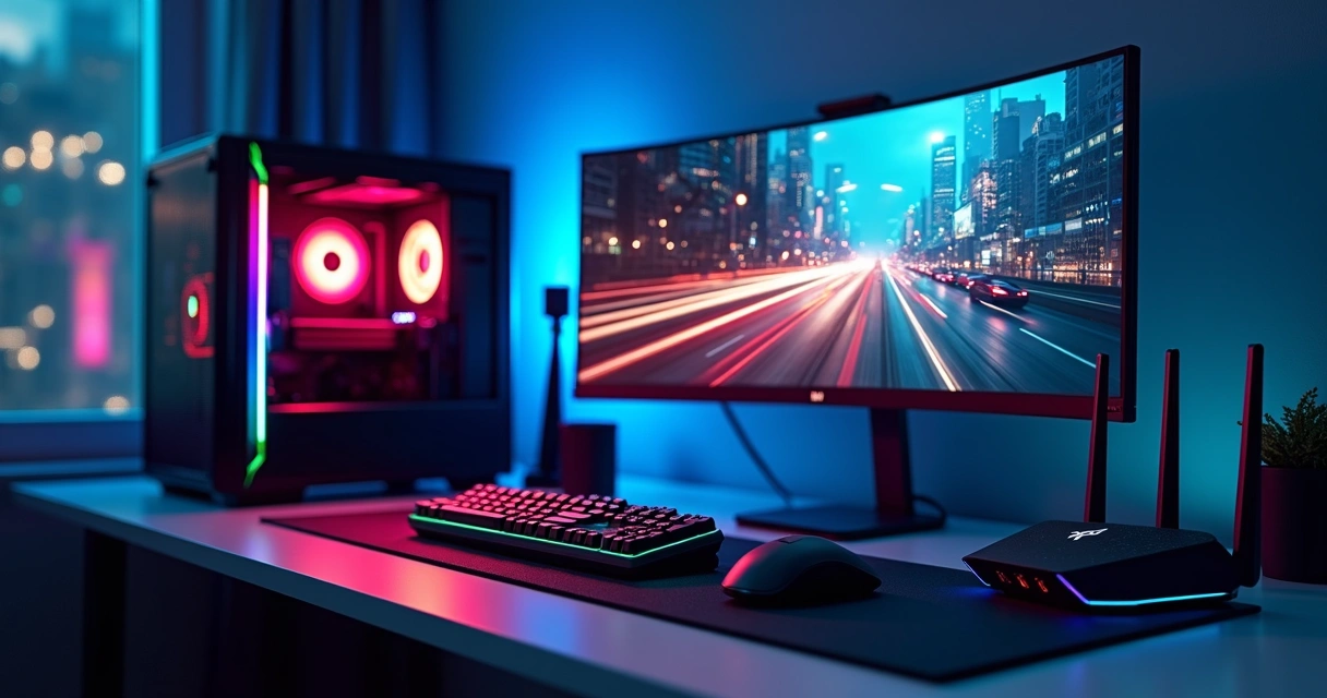 Setup de gamer com computador moderno e roteador wifi turbo ao lado