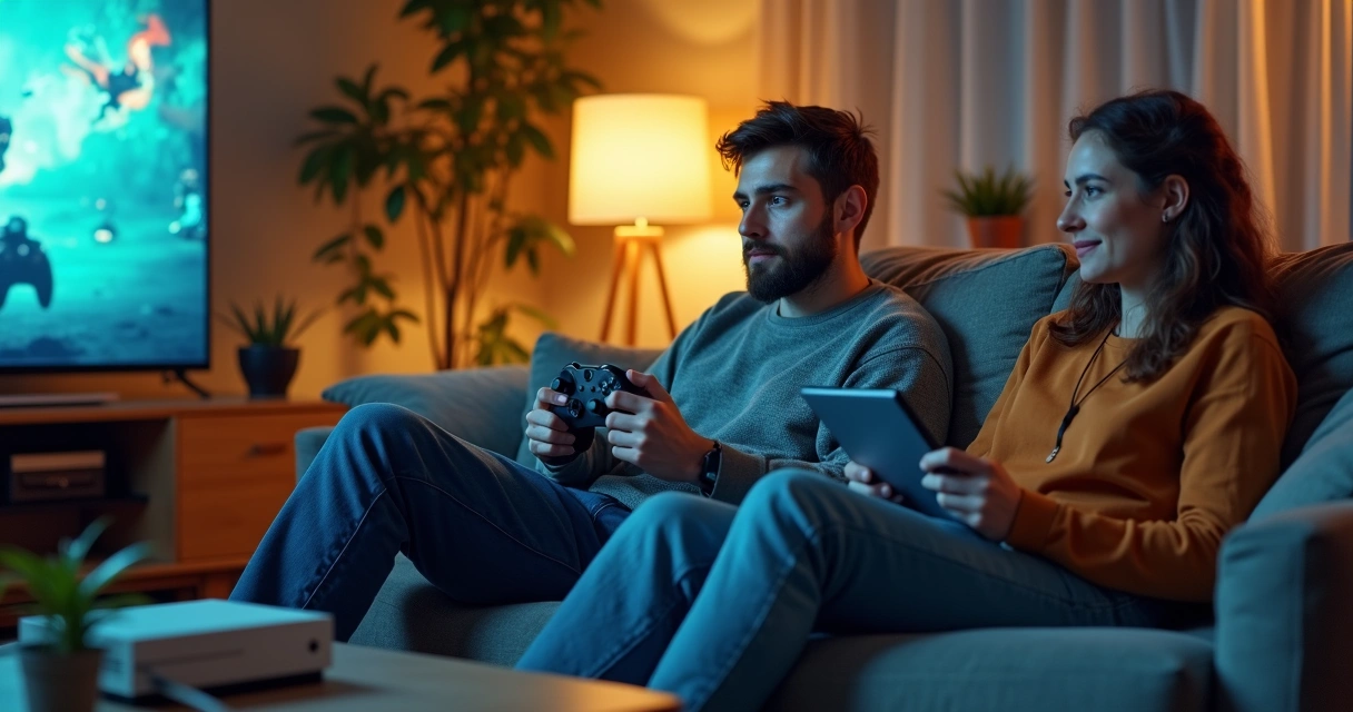 Duas pessoas jogando no sofá em dispositivos diferentes com Game Pass 