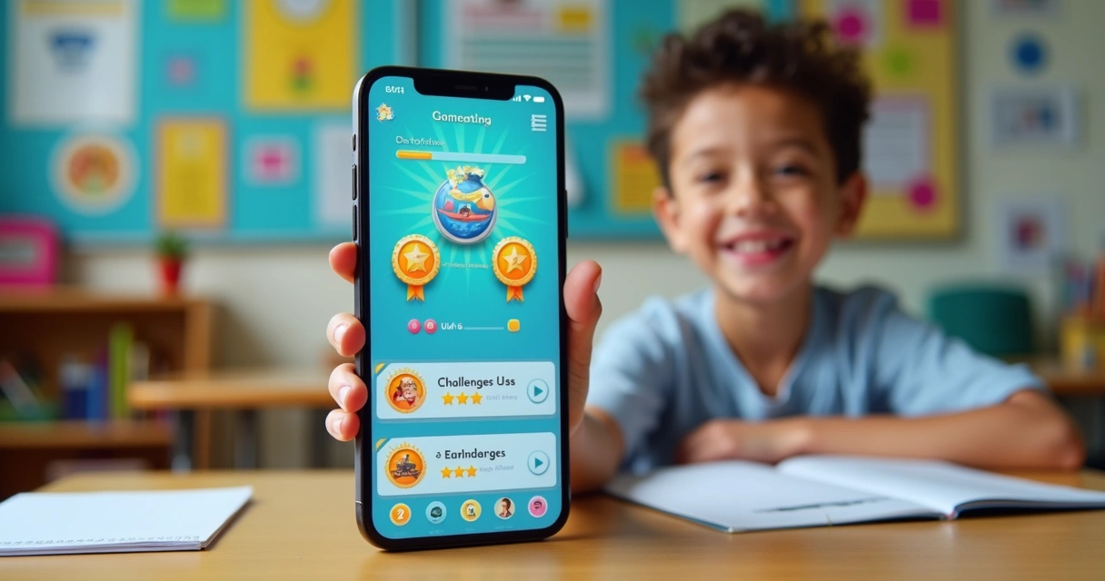 Aplicativo de gamificação mostrando conquistas de aluno 
