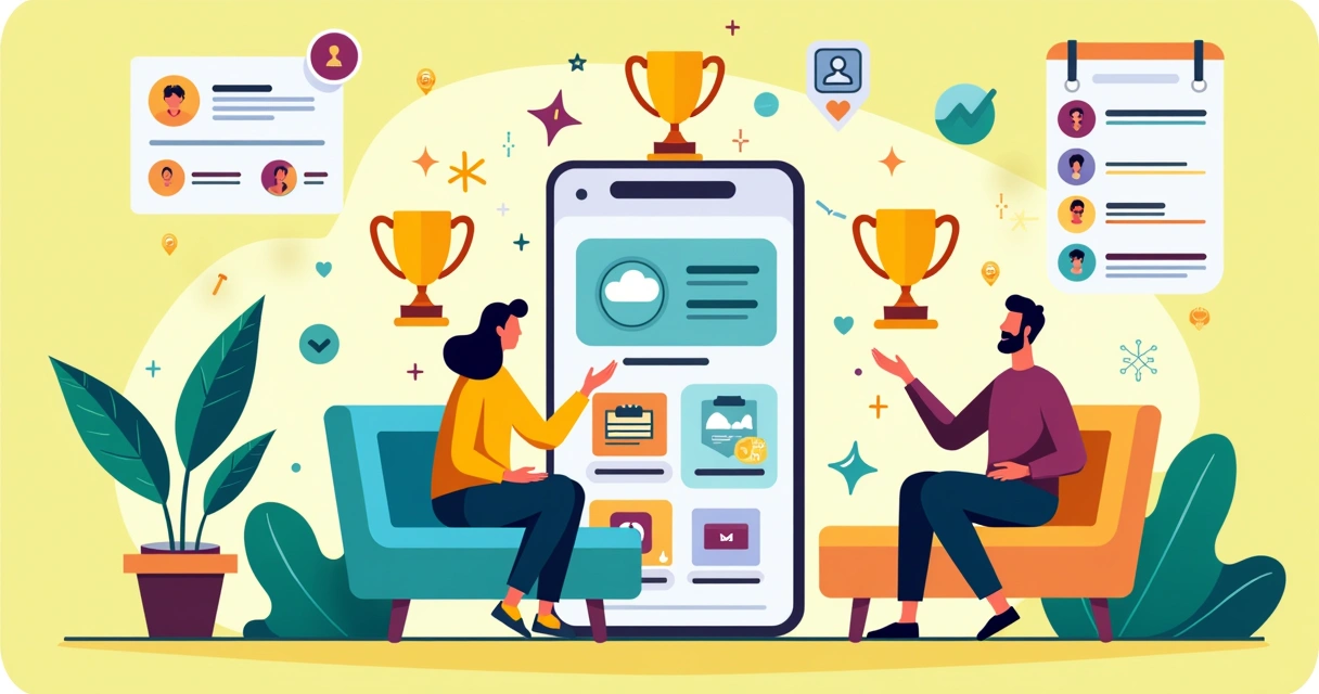 Ilustração colorida de um aplicativo educativo com gamificação, mostrando usuários, prêmios, e competições.