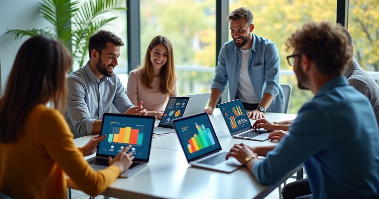 Equipe corporativa reunida ao redor de uma mesa com tablets mostrando gráficos de desempenho 