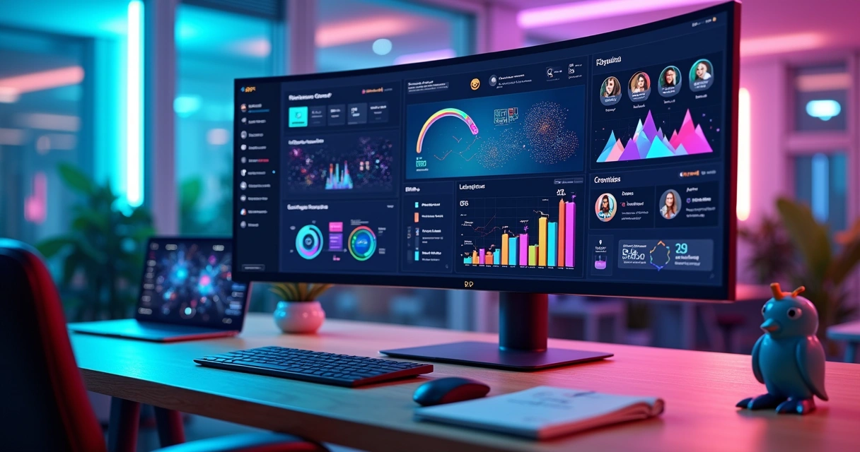 Painel de gamificação com avatares, pontos e IA em tela de computador 