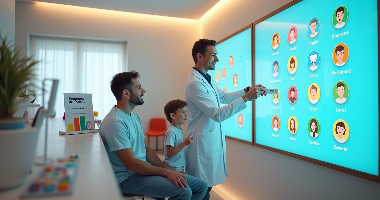Recepção de clínica odontológica com painel de gamificação colorido para pacientes 