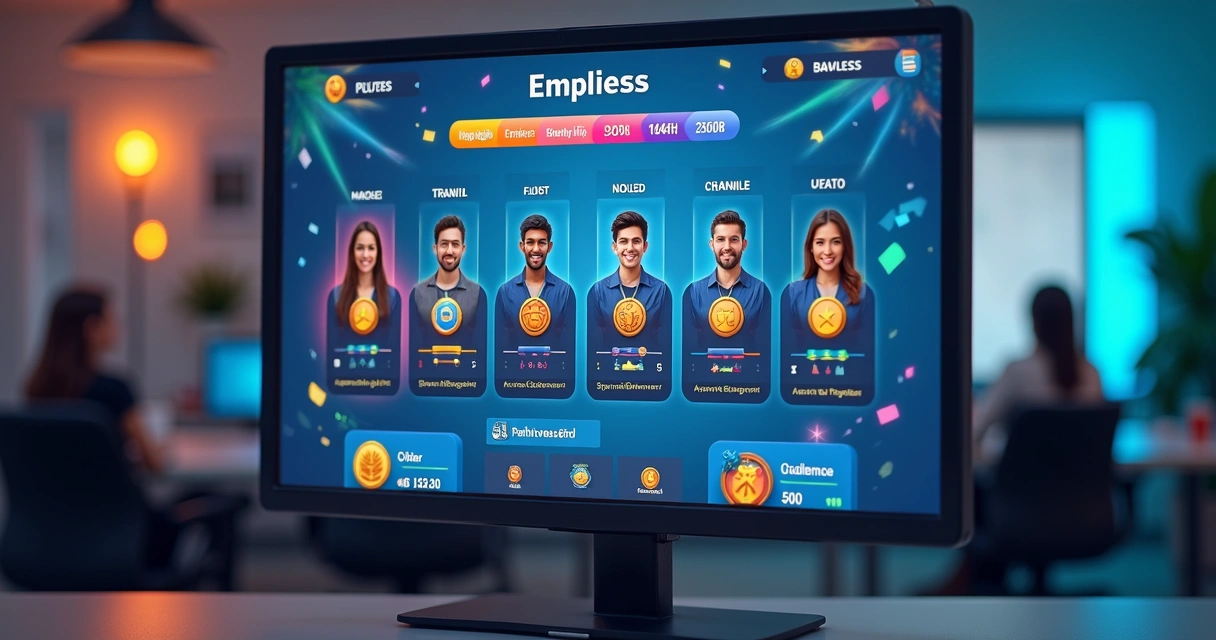 Tela digital com medalhas, ranking e badges em treinamento empresarial gamificado 