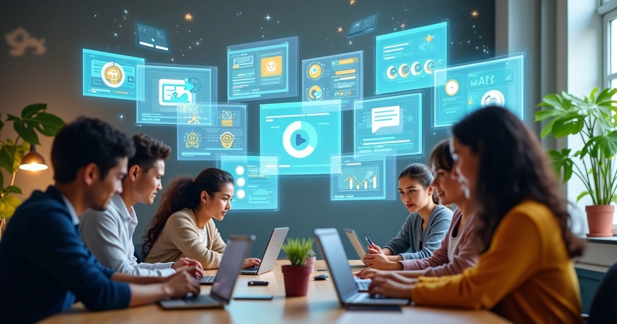 Telas digitais coloridas mostrando elementos de gamificação em cursos online com estudantes interagindo 