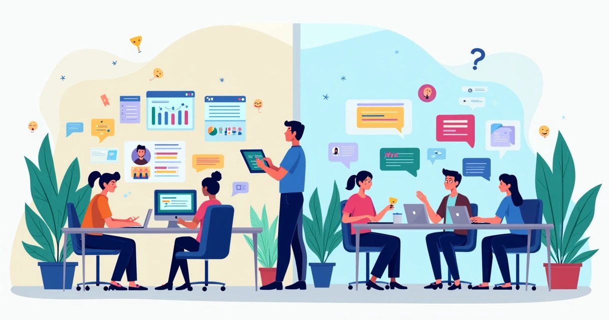 Ilustração de jovens profissionais comparando gamificação e feedback contínuo em treinamento corporativo 