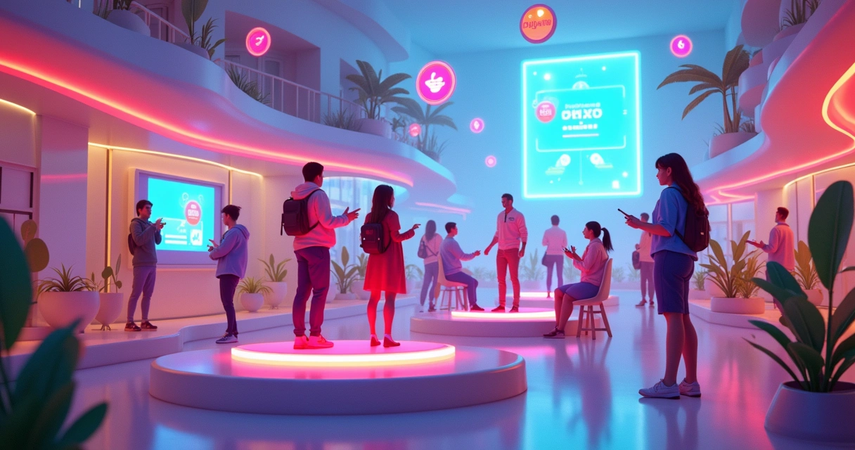 Estudantes em avatares participando de gamificação no metaverso