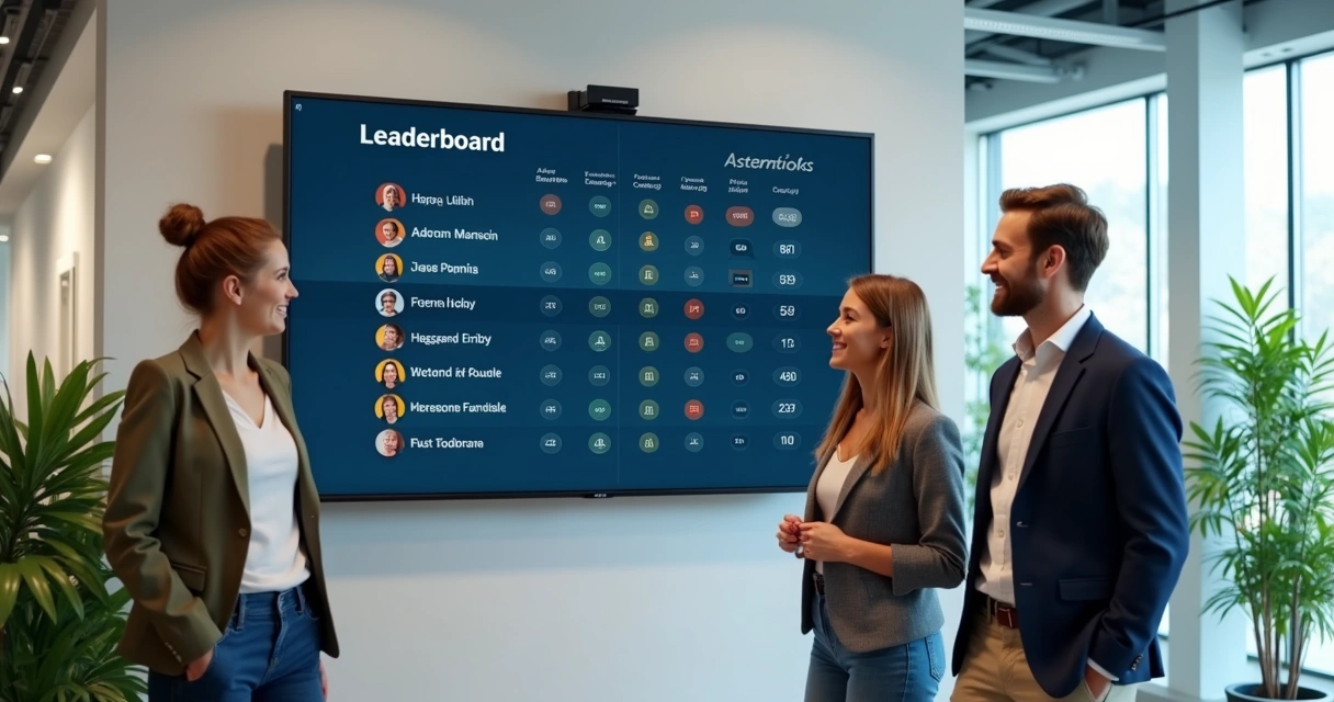 Quadro de pontuação digital com fotos de colaboradores em destaque 