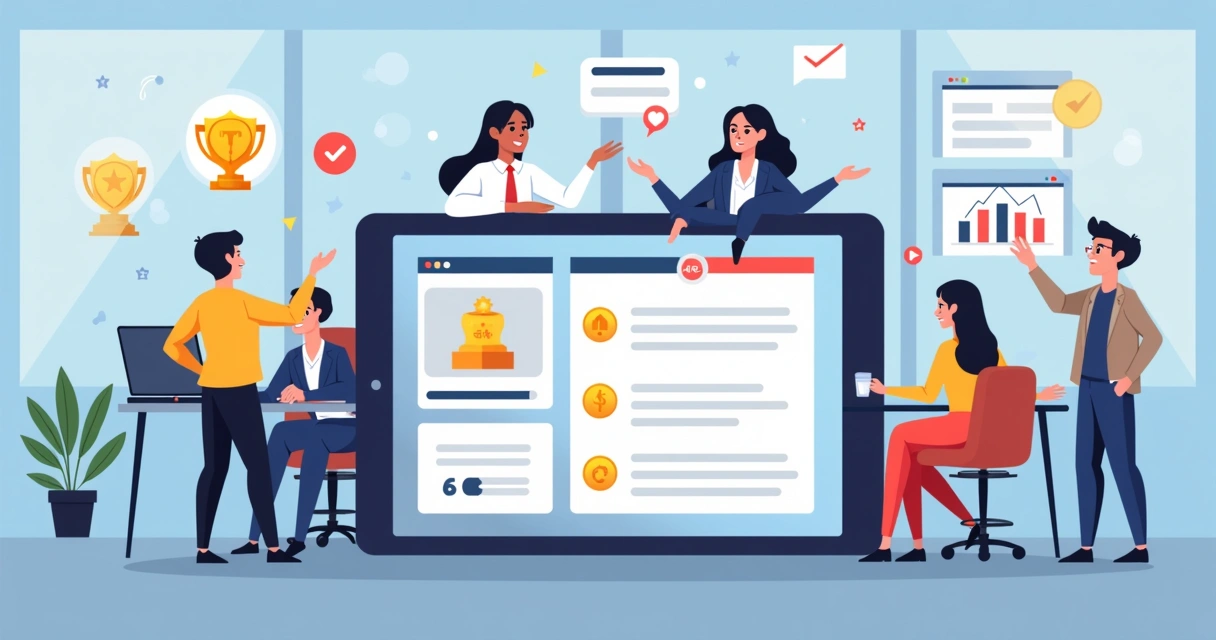 Ilustração corporativa plana mostrando um tablet com um questionário NPS gamificado na tela, com ícones de troféus e medalhas ao redor, pessoas interagindo com o dispositivo em um ambiente de escritório moderno, elementos gráficos coloridos representando progresso e feedback em tempo real 