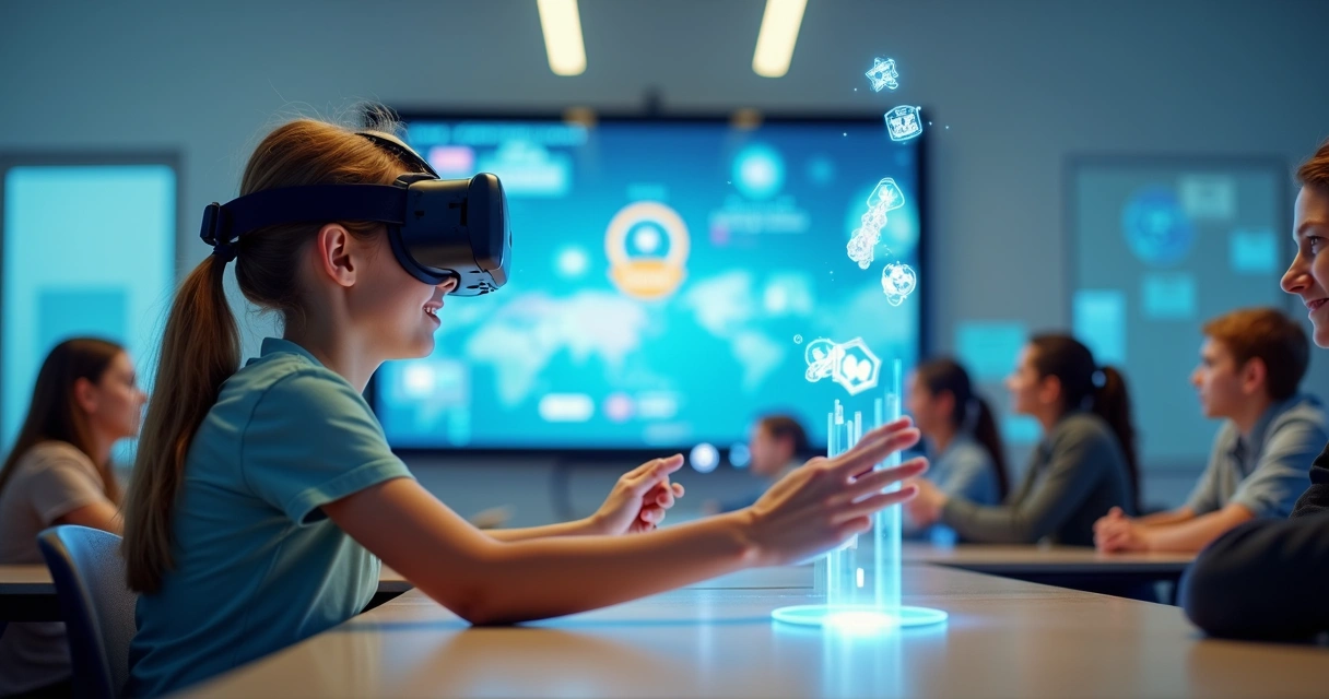 Aluno usando óculos de VR em sala de aula 