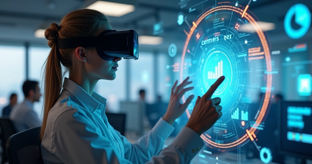 Pessoa usando óculos de realidade virtual em ambiente de empresa, com gráficos digitais ao fundo 