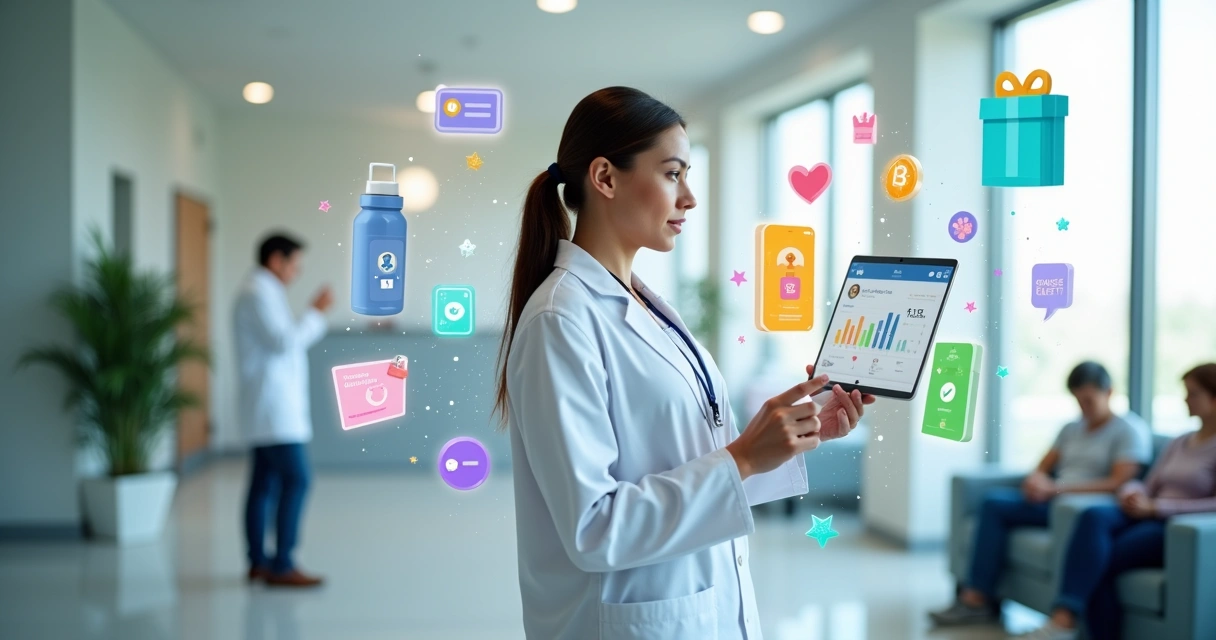 Médica segurando tablet com tela de jogo de saúde e ícones de brindes físicos e recompensas digitais 