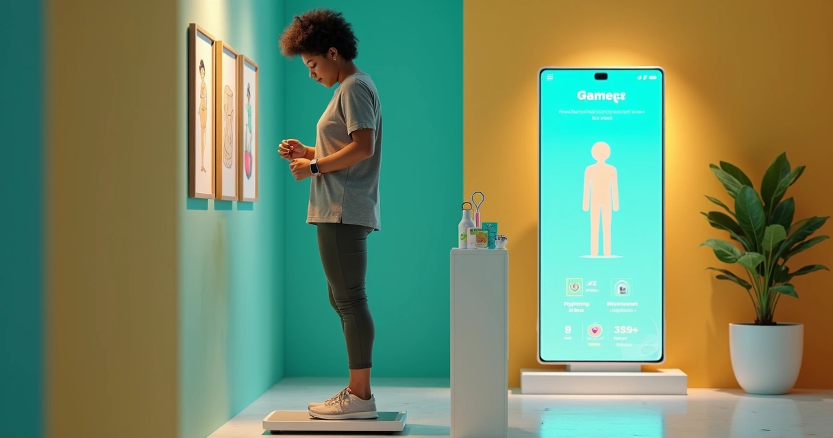 Paciente em clínica ajustando pulseira fitness diante de painel com metas de saúde 